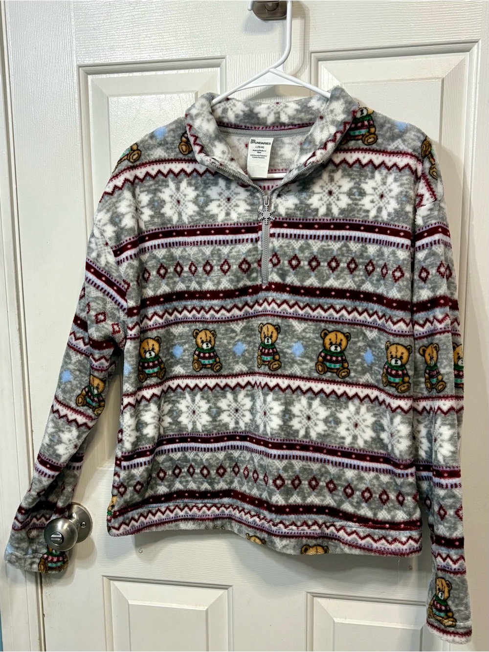 No Boundaries Gray Teddy Bear Zip-Up Fleece Sweater with Burgundy Accents